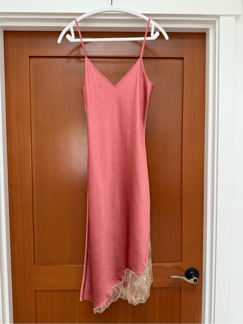 Wilfred Aritzia Sonnet Satin 90s Style Slip Dress with Asymetrical Lace Hem - Picture 2 of 7
